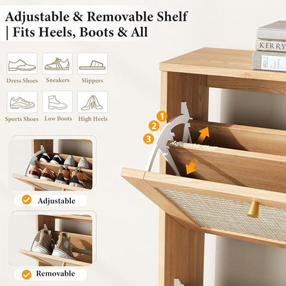 Nicetree Shoe Cabinet Storage for Entryway, 4-Flip Drawer Narrow Shoe Rack, Organic Modern Rattan Shoe Organizer with Gold Legs, Shoe Organizer Fits Men's Size 13.5, Sun-Drenched Amber Oak