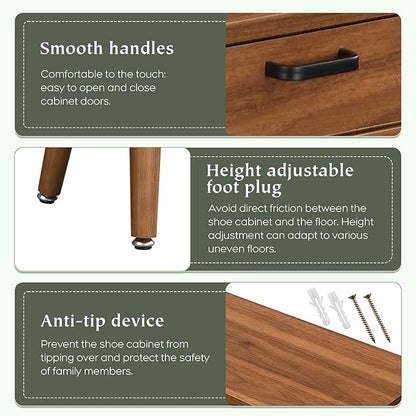 Yechen Shoe Rack Storage Organizer with 2 Natural Semi-Circular Rattan Doors, Entryway Wooden Shoe Cabinet for Sneakers, Leather Shoes, High Heels, Slippers (1 Piece, Walnut)