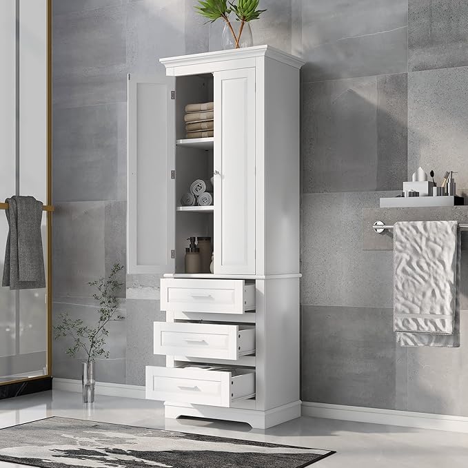 Polibi Tall Storage Cabinet with 3 Drawers, 3-Tier Adjustable Shelves & 2 Doors, Floor Freestanding Linen Cabinet for Bathroom, Living Room (White)