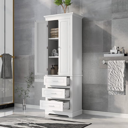 Polibi Tall Storage Cabinet with 3 Drawers, 3-Tier Adjustable Shelves & 2 Doors, Floor Freestanding Linen Cabinet for Bathroom, Living Room (White)