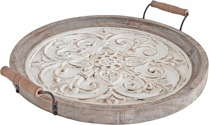 Kate and Laurel Hillrose Round Wooden Tray, 18 inch Diameter, Rustic Brown and White, Decorative Tray for Serving, Display, and Storage
