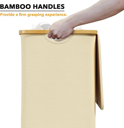 SpaceAid Laundry Hamper with Lid, 110L Large Tall Clothes Basket Bin with Bamboo Handles, Collapsible Laundry Hamper for Bedroom, Bathroom, Dorm, Laundry Room - Beige