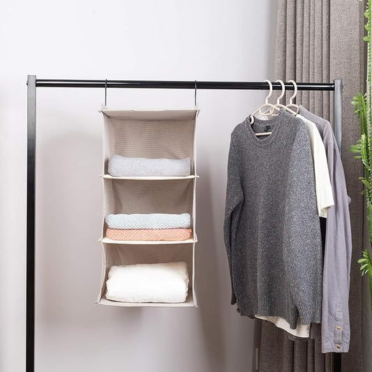 Hanging Closet Organizer 3-Tier, Oxford Wardrobe Storage, Beige Houndstooth | Easy-mount foldable design holds clothes, handbags, shoes & accessories; washable Oxford fabric, sturdy and space-saving.