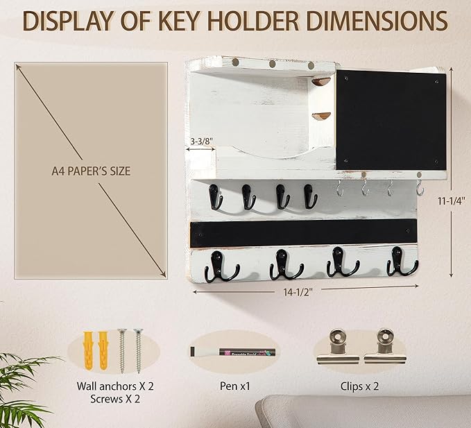 Key Holder for Wall Mount with Shelf and Mail Organizer, Key and Mail Holder with 16 Hooks, Farmhouse Entryway Organizer, Home Decor Rack (Pine Wood, White Washed)