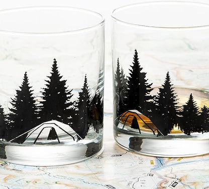 Black Lantern Camping in the Woods Whiskey Glasses – Set of 2 11oz Old Fashioned Glasses with Gift Box