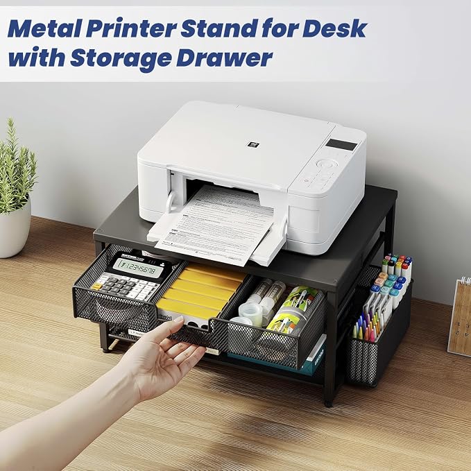 Metal Desktop Printer Stand with Storage Drawer & 2 Pen Holders,2 Tier Home Printer Riser Shelf for Desk with Paper Holder Storage,Multi-Purpose Office Desk Organizer