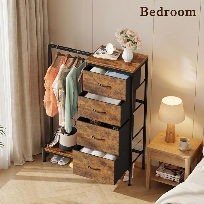 HIGDBFE Dresser with Hanging Rack, 4 Drawers Small Closet for Bedroom, Reversible Fabric Kids Chest of Drawers with Clothes Rack, Tall Storage Tower, Sturdy Frame, Rustic Brown, 44''H