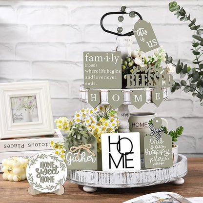 11 Pcs Home Tiered Tray Decor Spring Rustic Farmhouse Tiered Tray Decorations Set Sage Green Wooden Home Sign Vintage Farm Animal Farmhouse Tabletop Wood Sign for Kitchen Table Shelf Decor