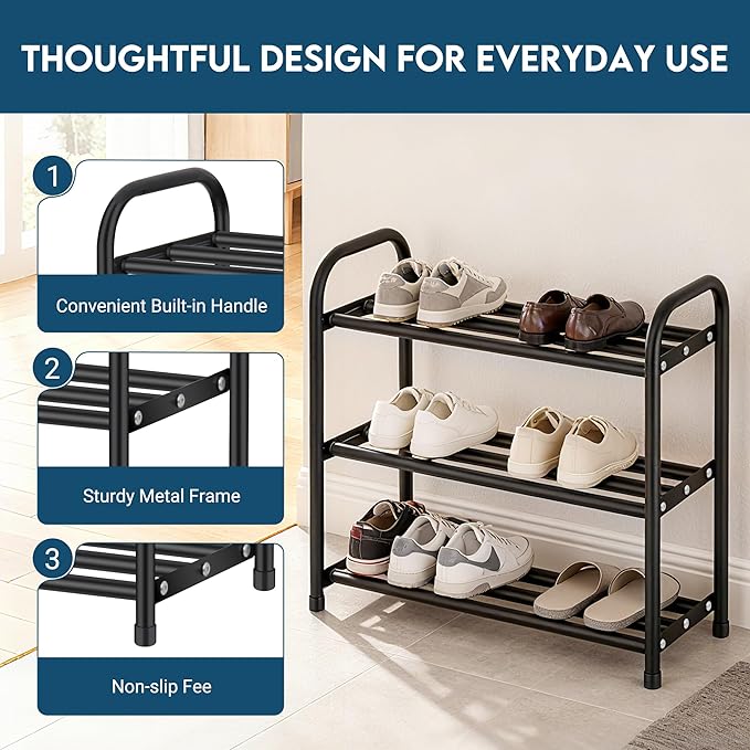 LOFTEY 3 Tier Expandable Shoe Rack for Closet, 18"-30.5" Length Adjustable Shoe Rack, Compact Metal Shoe Shelf for Entryway, Dorm, Front Door, Garage, Black