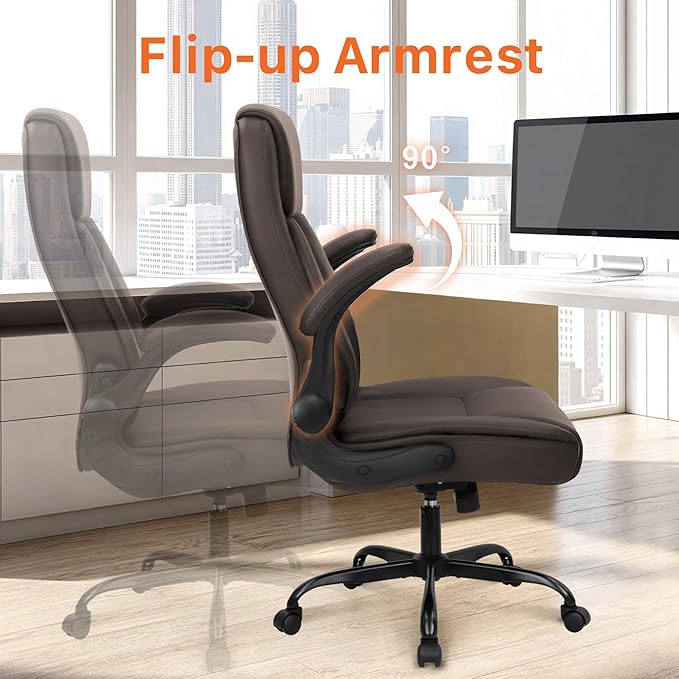 NEO CHAIR Ergonomic Office Desk Gaming Computer Chair Executive High Back Support Flip-up Arms Adjustable Height Swivel Rolling Wheels Comfy PU Leather for Home (Brown)