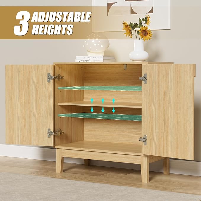 Scurrty Modern Buffet Cabinet with Storage,Wood Color Buffet with Adjustable Shelf and 2 Doors, Natural Wood Grain Accent Cabinet for Living Room & Kitchen