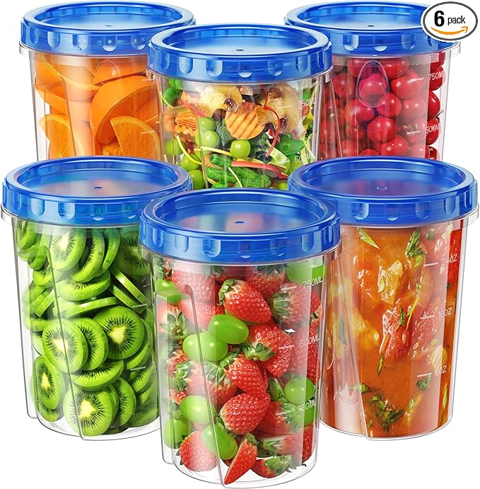 6 Pack-34 oz Freezer Storage Containers, Plastic Food Storage Containers with Twist Top Lids, BPA Free and Reusable Soup Containers with Lids, Leakproof/Microwave/Dishwasher Safe