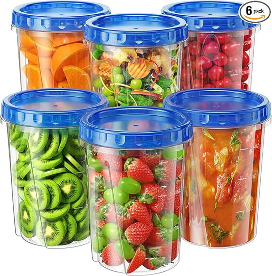 6 Pack-34 oz Freezer Storage Containers, Plastic Food Storage Containers with Twist Top Lids, BPA Free and Reusable Soup Containers with Lids, Leakproof/Microwave/Dishwasher Safe