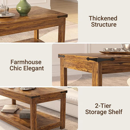 Homieasy Coffee Table with Storage Shelf, 43.3” Farmhouse Wood Coffee Tables for Living Room, Modern Center Tea Table, Rustic Brown