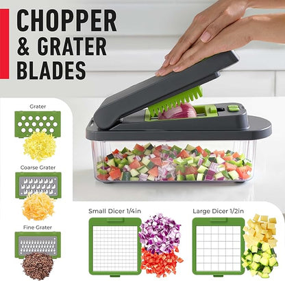 MUELLER HOME Pro-Series 10-in-1, 8 Blade Vegetable Chopper, Onion Mincer, Cutter, Dicer, Egg Slicer with Container, French Fry Cutter Potato Slicer, Home Essentials, Salad Chopper,Gray/Green