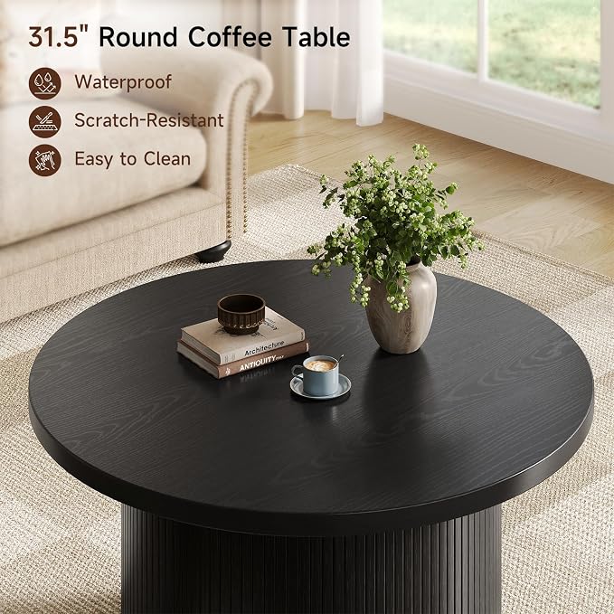 31.5" Round Coffee Table, Mid Century Modern Fluted Tambour Coffee Table, Engineered Wood Small Circle Center Table, Drum Accent Modern Living Room Table, Black