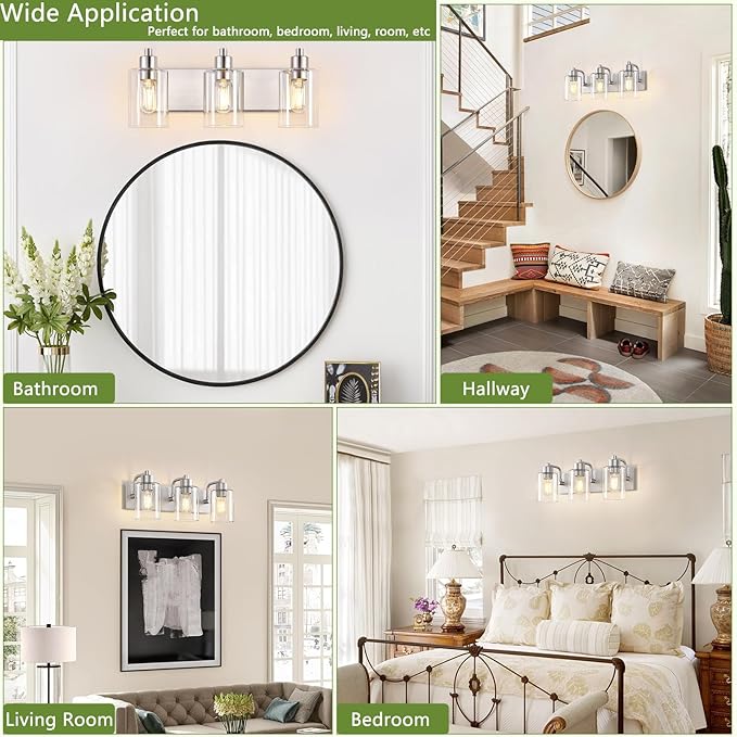 Brushed Nickel Bathroom Light Fixtures, Wall Mounted 3-Light Bathroom Lights Over Mirror with Clear Glass Shade,Wall Sconces for Kitchen Living Room Bedroom