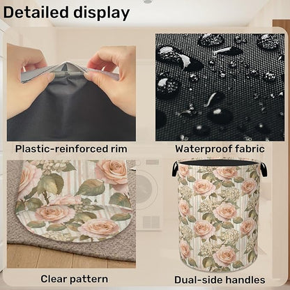 Shabby Chic Rose Laundry Basket - Heavy Duty 60L Dirty Clothes Organizer, Water Resistant Foldable Hamper for Men Women