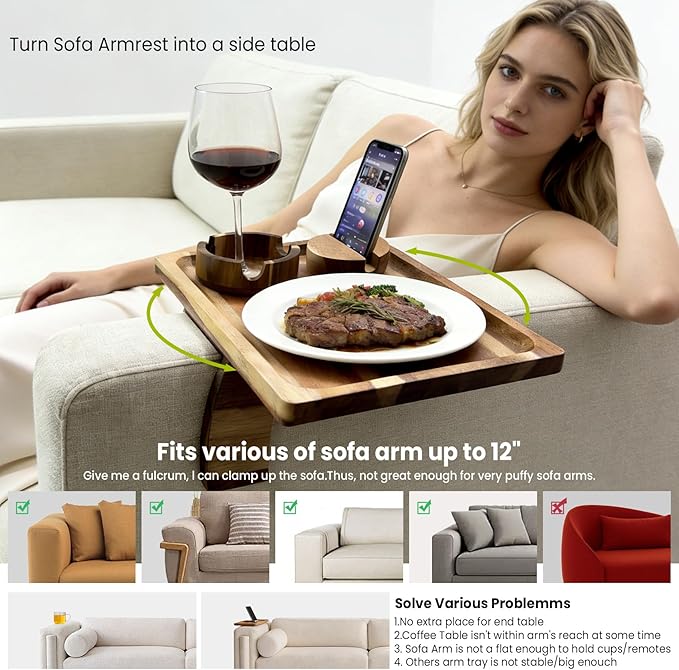 360° Detachable Rotating Acacia Wood Sofa Arm Tray Table, Serving Tray Clip On Couch Armrest Table with Cup Holder & Phone Stand, TV Dinner Tray for Eating on Sofa, TV Trays Fits for Small Spaces