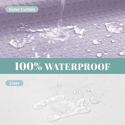 Lavender No Hook Waffle Weave Shower Curtain with snap-in Liner Replacement, 230GSM Waterproof Fabric Hotel Shower Curtain Set for Bathroom, Through Mesh Top Window,71Wx77H