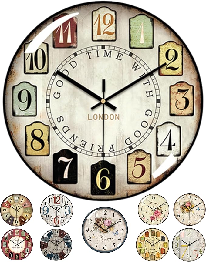Decorative Wall Clocks Batterys Operated, Retro Wall Clock with Glass Dial, 12-Inch Dial with Roman Numerals, Silent and No Ticking, Suitable for Living Room, Bedroom, Dining Area, Workspace