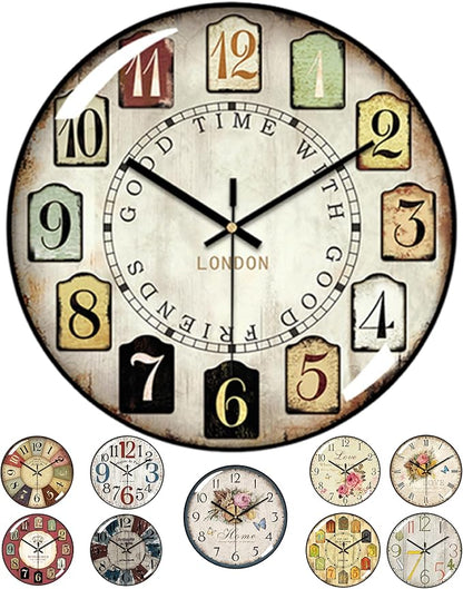 Decorative Wall Clocks Batterys Operated, Retro Wall Clock with Glass Dial, 12-Inch Dial with Roman Numerals, Silent and No Ticking, Suitable for Living Room, Bedroom, Dining Area, Workspace