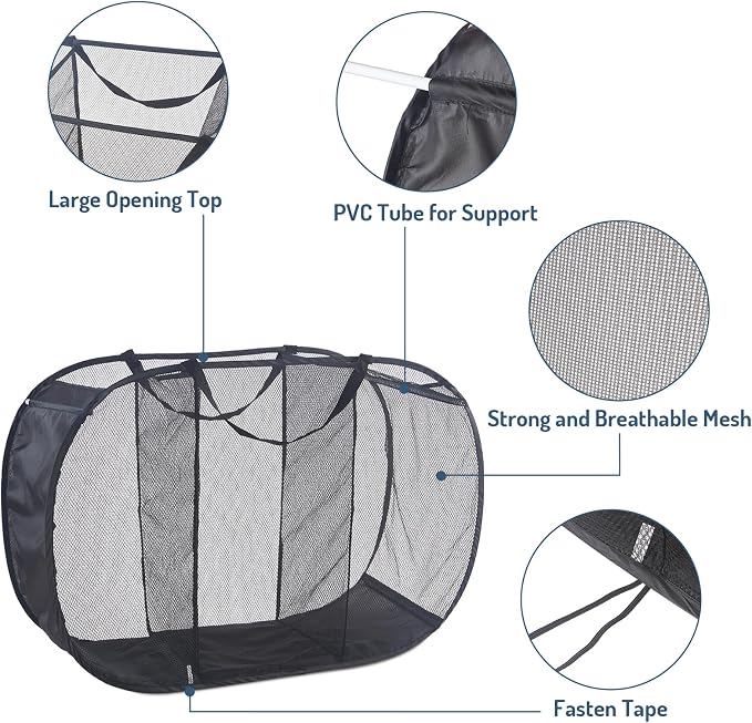 Seiritex Mesh Popup Laundry Hamper 3 Compartment Sortable Horizontal Collapsible Laundry Basket for Clothes Laundry Room Bedroom Toys Travel (Black)