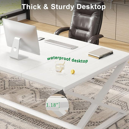 IBF Long White Computer Desk, Modern Simple Large Home Office Desk, Wood Metal Work Study Writing Table for 2 Monitors, Double Pc Gaming Executive Workstation in Bedroom Living Room, White Oak,70 in