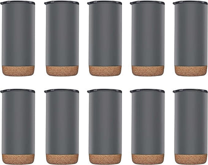 DISCOUNT PROMOS Travel Tumblers with Cork Bottom 16 oz. Set of 10, Bulk Pack - Double Wall Insulated, Matte Finish, Perfect for Iced Coffee, Soda, Other Beverages - Grey