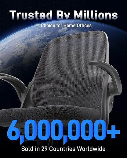 Ergonomic Mesh Office Chair for Home Office, Flip-Up Arms, Breathable Mesh Back & Thick Seat Cushion, Swivel Rolling Computer Desk Chair, BIFMA Certified, Supports 300 lbs (Black Frame/Black Seat)