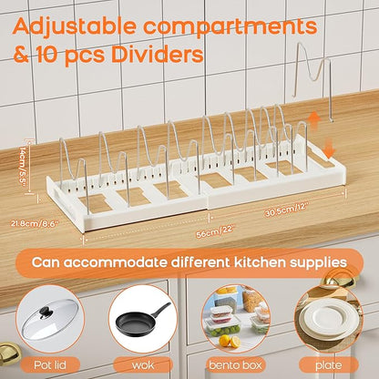 Nigelia Pots and Pans Organizer for Under Cabinet 22" Expandable Food Storage Container Lid Organizer with 10 Adjustable Dividers Pot and Pan Lid Holders Rack Inside Cabinet & Kitchen Countertop White