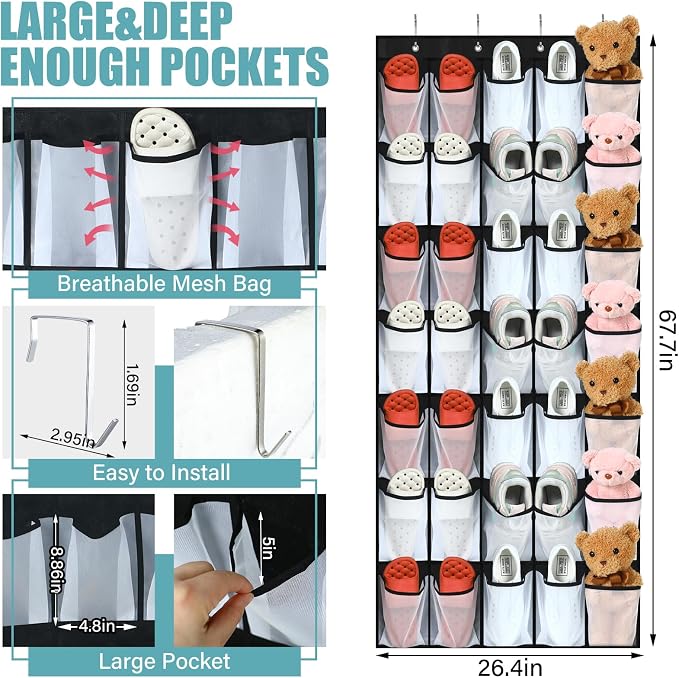 Windyun 2 Pcs 70 Large over The Door Shoe Organizer Hanging Shoe Rack for Closet Holder Black Mesh Pockets Back to School Behind Door Hanger Storage Nonslip for Home Room School Dorm, Each 35 Pockets
