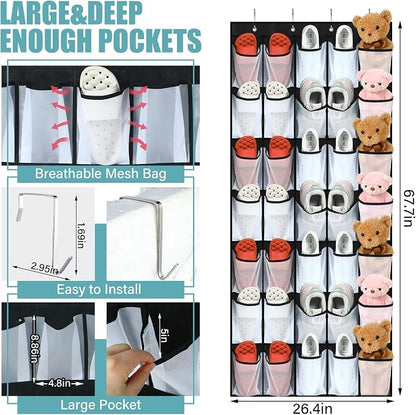 Windyun 2 Pcs 70 Large over The Door Shoe Organizer Hanging Shoe Rack for Closet Holder Black Mesh Pockets Back to School Behind Door Hanger Storage Nonslip for Home Room School Dorm, Each 35 Pockets