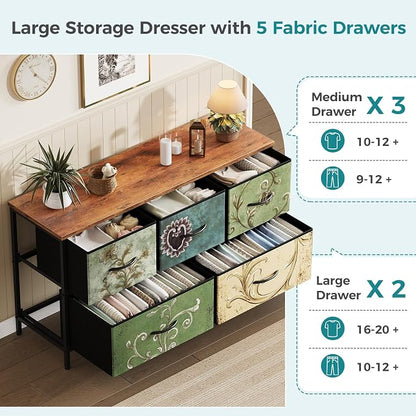 OLIXIS Dresser for Bedroom with 5 Drawers, Wide Chest of Drawers, Fabric Bedroom Dresser with Drawer Organizer, Storage Organizer Unit with Fabric Bins for Closet, Living Room, Hallway, Flower