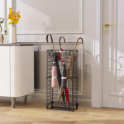 AWTATOS Umbrella Holder Entryway, Umbrella Stand Freestanding, Metal Square Umbrella Rack Organizer with a Removable Drip Tray, Hooks, Black