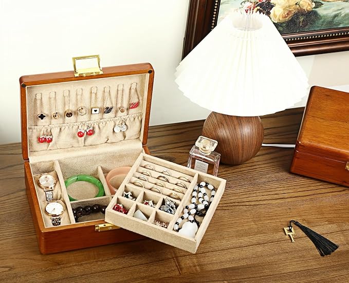 Solid Walnut Wood Jewelry Organizer Box with Lock,2-Layer Vintage Jewelry Box for Men Women, Velvet-Lined Storage for Earrings Rings Necklaces Bracelets Watches Perfect Father Day Gift Khaki
