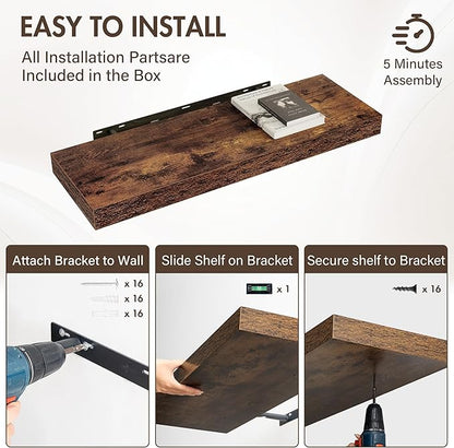 Acovy 36 Inch Floating Shelves, 12" Deep Floating Shelf Wall Mounted, 36" Wall Shelves, Rustic Deep Bookshelf, Extra Deeper & Thicker Display Shelves for Bedroom, Living Room, Brown, Set of 2