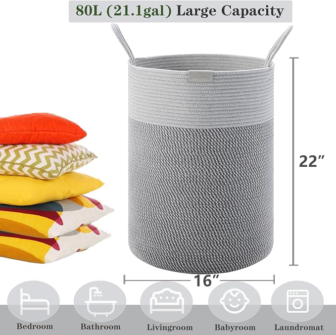 80L Extra Large Grey Laundry Hamper Basket, Tall Woven Hamper for Bedroom, Cotton Rope Laundry Basket for Clothes, 16x22 Inches