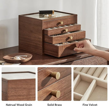 Black Walnut Wooden Jewelry Box for Women large 4 Layer Drawer Organizer Box with Glass Lid for Necklaces, Watch, Necklace, Ring, Earring Storage - Christmas Gifts