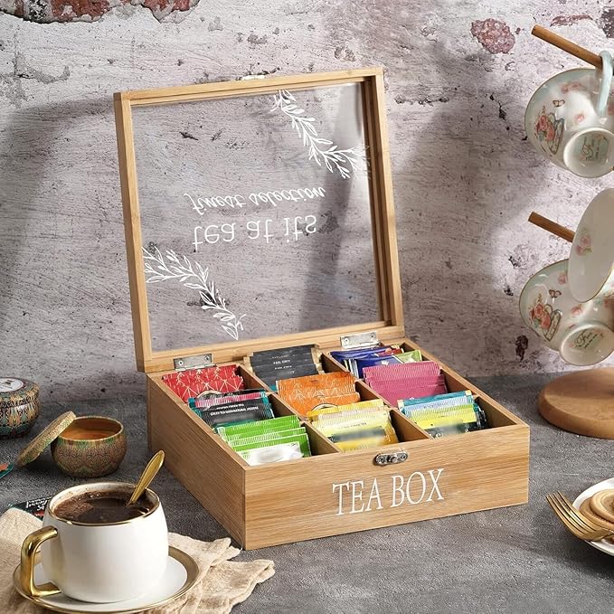 Tea Box Organizer,Decorative Tea Storage,BambooTeas Bag Holder Organizer,Modern Teas Organizers and Storage with 9 Compartments for Coffee,Tee & Sugar Pods,Packets & More