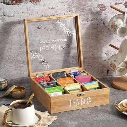 Tea Box Organizer,Decorative Tea Storage,BambooTeas Bag Holder Organizer,Modern Teas Organizers and Storage with 9 Compartments for Coffee,Tee & Sugar Pods,Packets & More