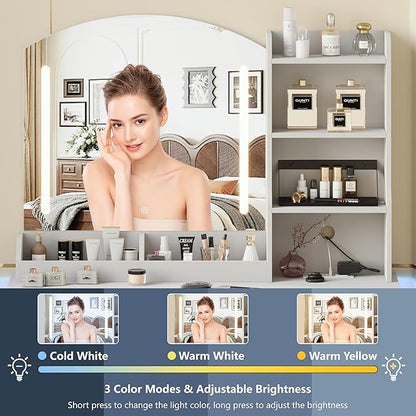 Vanity Desk with Mirror and Lights & Power Outlet, Makeup Vanity Set with Chair & RGB Ambient Light, Girls Vanity Dressing Table with 3 Lighting Modes & Adjustable Brightness for Bedroom, White