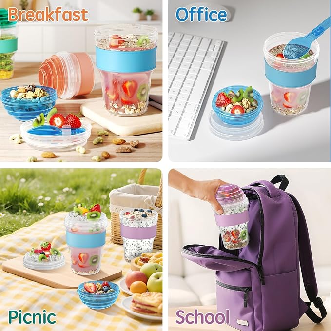4 Pack Yogurt Parfait Cups with Lids Reusable, 20 oz Plastic Overnight Oats Containers with Lids Spoons Granola Compartment for Fruit Nuts, To Go Overnight Oat Jars for Oatmeal, Snack, Breakfast Prep