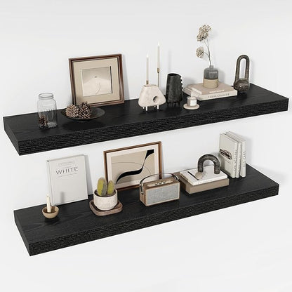 Acovy 48 Inch Floating Shelves, 12" Deep Floating Shelf Wall Mounted, 48" Wall Shelves, Rustic Deep Bookshelf, Extra Deeper & Thicker Display Shelves for Bedroom, Living Room, Black, Set of 2