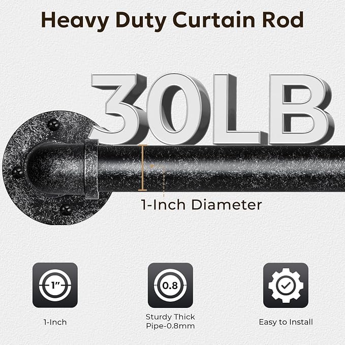Zeerobee Curtain Rods for Windows 72 to 144, 1 Inch Industrial Wrap Around Vintage Black Curtain Rod, Indoor/Outdoor Room Divider Adjustable Drapery Pole, 72"-144"
