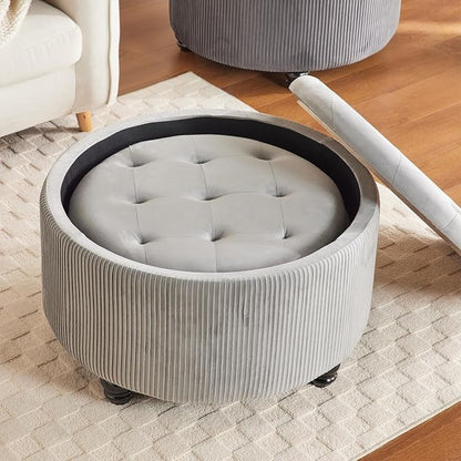 29&24.5inch Large Round Storage Ottoman Coffee Table Set of 2 Modern Button Storage Coffee Table with Removable Lid for Living Room Upholstered Footrest Stool for Bedroom (Large-Light Grey)