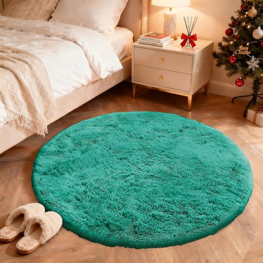 OLANLY Teal Green Round Rugs for Bedroom - Machine Washable, 5 ft Circle Area Rugs for Living Room, Soft and Fluffy Shaggy Carpet for Teen Girl and Boys, Nursery Rooms, Dorms, Home Decor Aesthetic