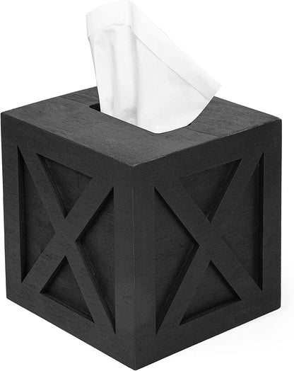 Ilyapa Wood Tissue Box Cover Farmhouse X Patterned- Rustic Farmhouse Black Wood Tissue Holder