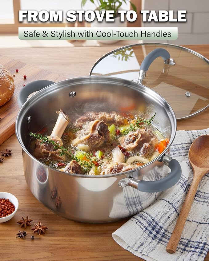 Cook N Home Basics 16 Quart Stainless Steel Stock Pot with Lid, Cooking Pot for Pasta, Soup, Stay-Cool Silicone Handle, Stockpot with Even Heating, Oven Safe, Cookware for Canning, Boiling, Simmer