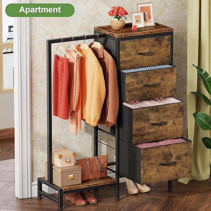 Dresser with Hanging Rack, 4 Drawers Small Closet for Bedroom, Reversible Fabric Kids Chest of Drawers with Clothes Rack, Tall Storage Tower, Sturdy Frame, Rustic Brown, 44''H